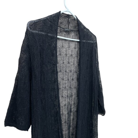 EILEEN FISHER Womens M? 100% Wool Open Front Mesh Knit Cardigan Duster Black - Picture 4 of 7